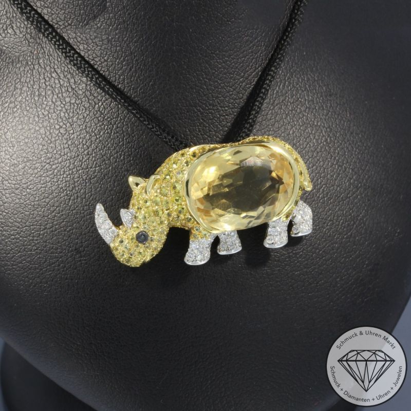Wert 3190 € Brillant Citrin Saphir Anhänger & Brosche Nashorn in 750er 18 K Gelbgold - 100147