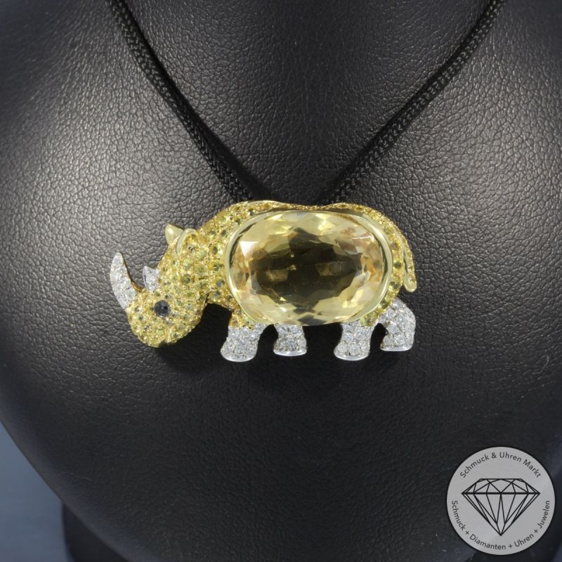 Wert 3190 € Brillant Citrin Saphir Anhänger & Brosche Nashorn in 750er 18 K Gelbgold - 100147