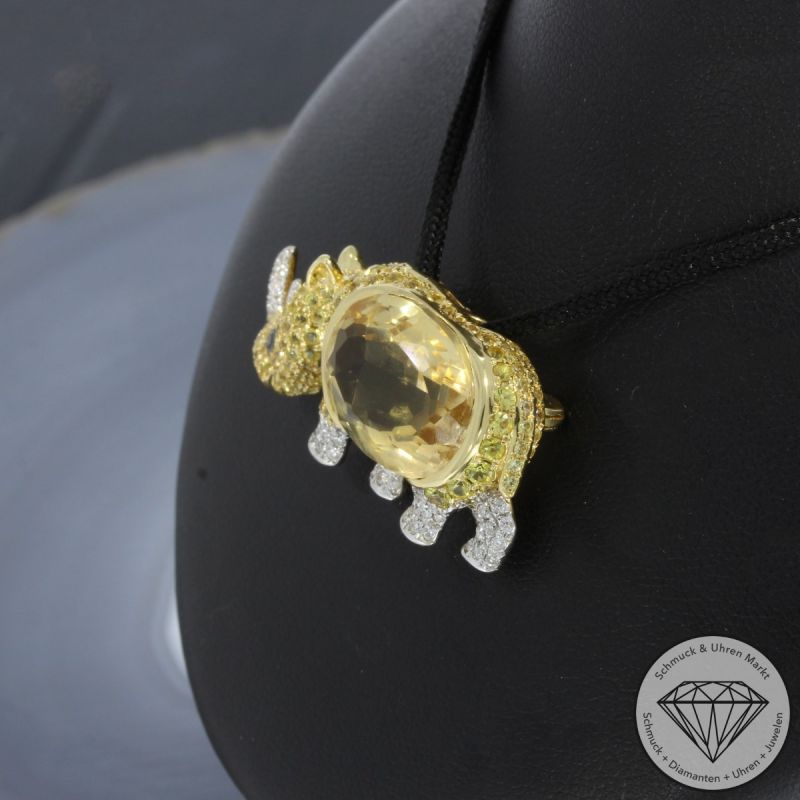 Wert 3190 € Brillant Citrin Saphir Anhänger & Brosche Nashorn in 750er 18 K Gelbgold - 100147