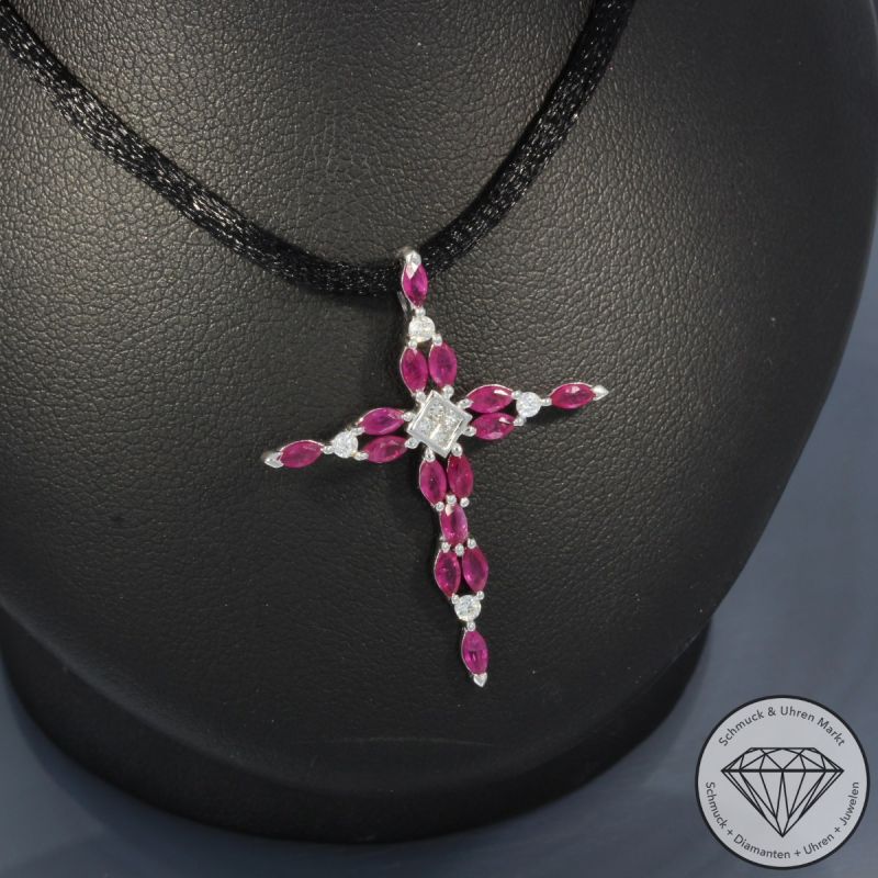 Wert 1250 € Brillant Diamant Rubin Anhänger Kreuz in 750er 18 K Weißgold - 100150