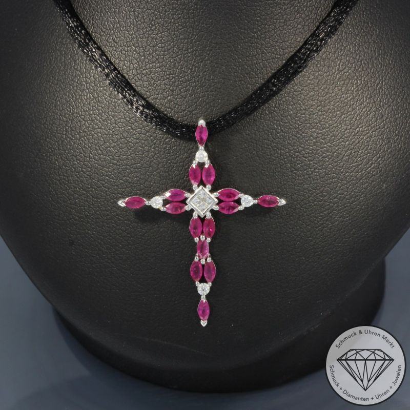 Wert 1250 € Brillant Diamant Rubin Anhänger Kreuz in 750er 18 K Weißgold - 100150