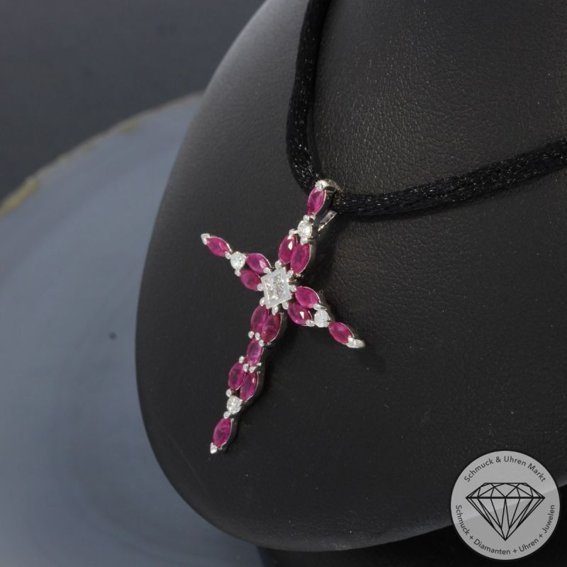 Wert 1250 € Brillant Diamant Rubin Anhänger Kreuz in 750er 18 K Weißgold - 100150