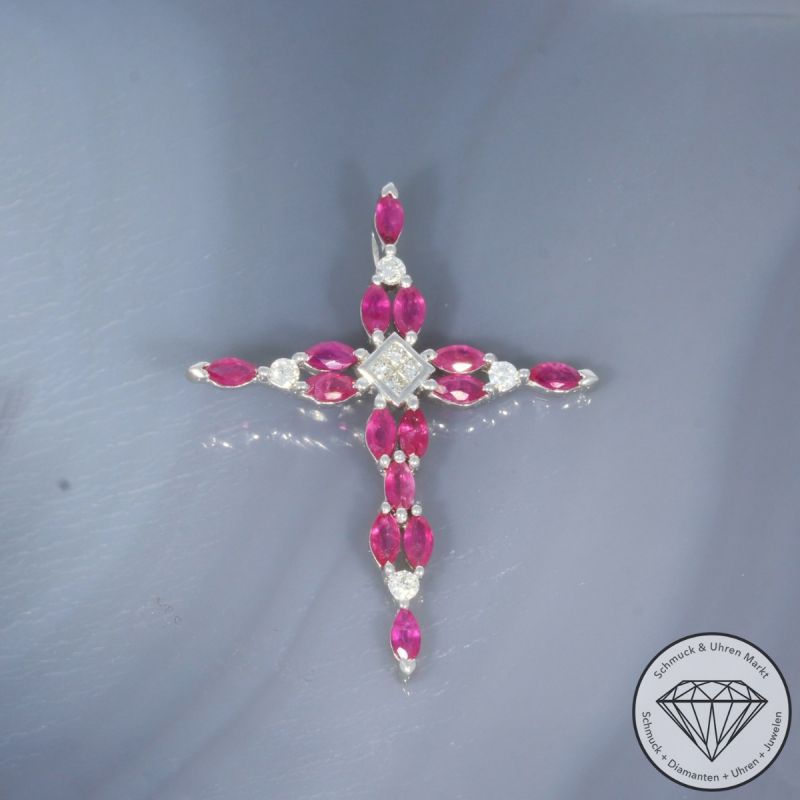 Wert 1250 € Brillant Diamant Rubin Anhänger Kreuz in 750er 18 K Weißgold - 100150