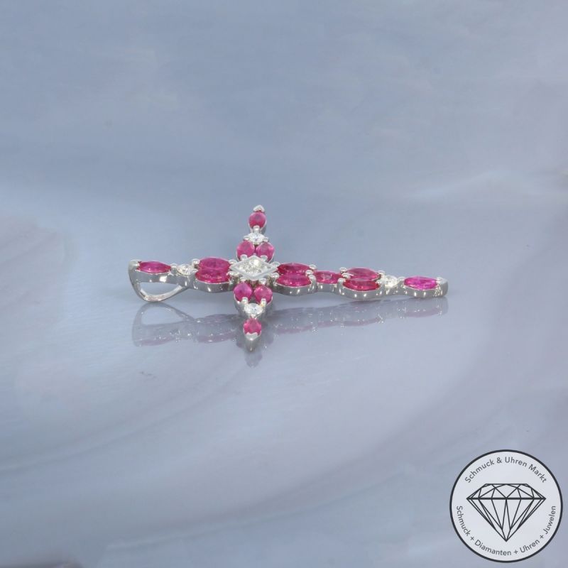 Wert 1250 € Brillant Diamant Rubin Anhänger Kreuz in 750er 18 K Weißgold - 100150