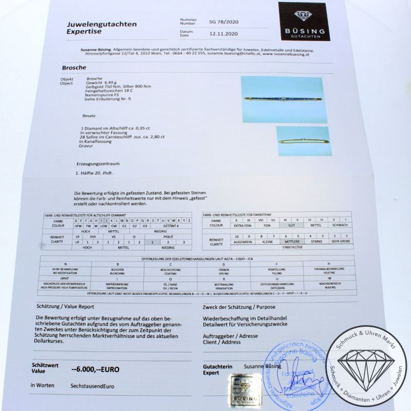 Wert 6000 € Diamant Saphir Brosche in 750er 18 K Gelbgold & 800er Silber Büsing Gutachten - 100280