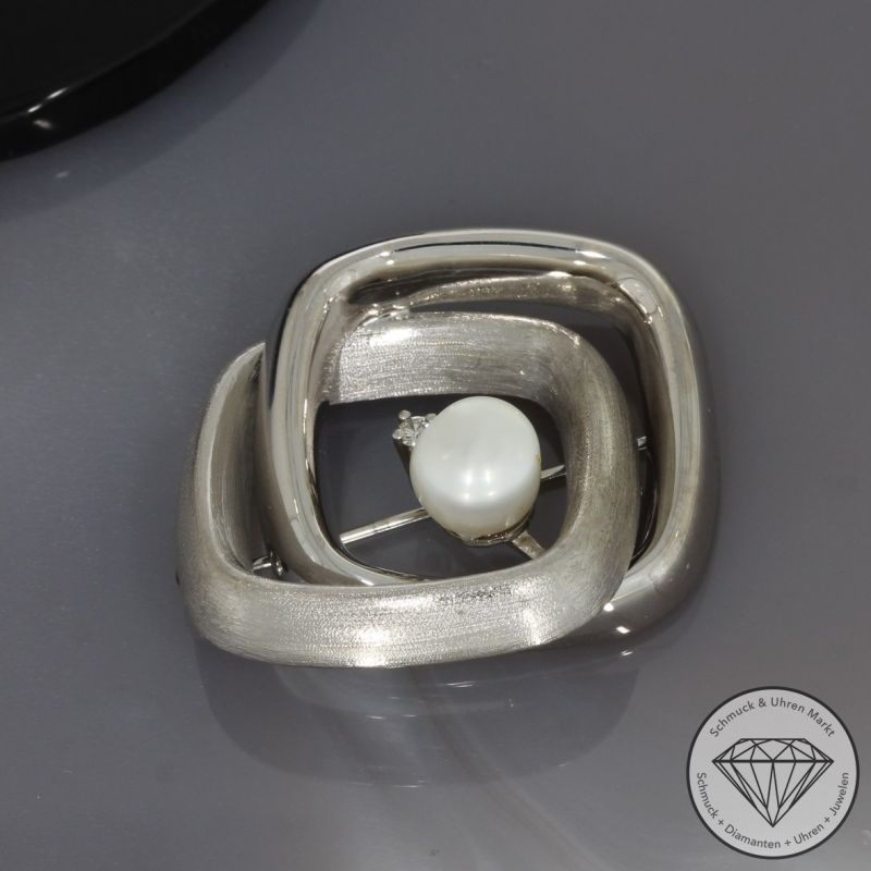Wert 1250 € Brillant Perl Brosche in 585er 14 K Weißgold - 100411