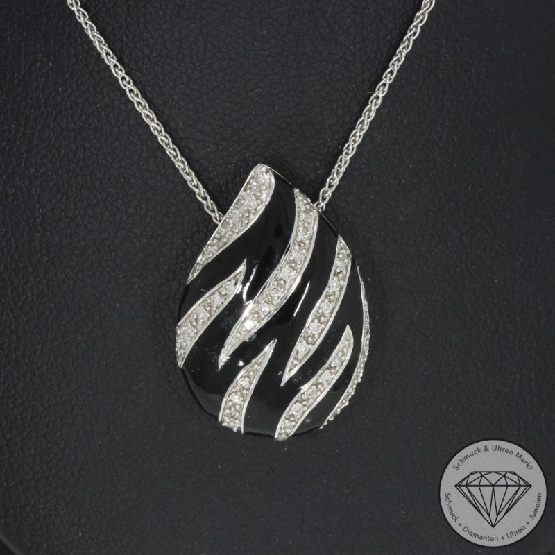 Wert 1590 € Diamant Emaille Anhänger mit Kette in 585er 14 K Weißgold - 100555