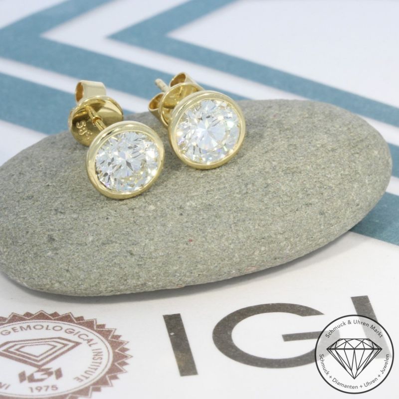 Wert 17990 € Solitär Brillant Ohrringe (2,05 carat) in 585er 14 K Gelbgold IGI - 100589