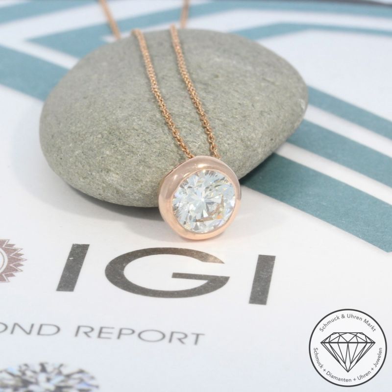 Wert 9390 € Solitär Brillant Anhänger mit Kette (1,04 carat) in 585er 14 K Rosegold IGI - 100590