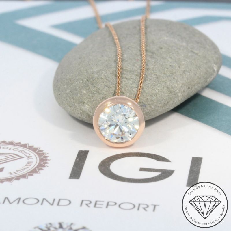 Wert 9390 € Solitär Brillant Anhänger mit Kette (1,04 carat) in 585er 14 K Rosegold IGI - 100590