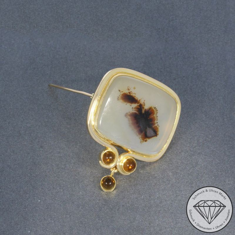 Wert 2990 € Citrin Dendriten Achat Brosche in 750er 18 K Gelbgold - 101031