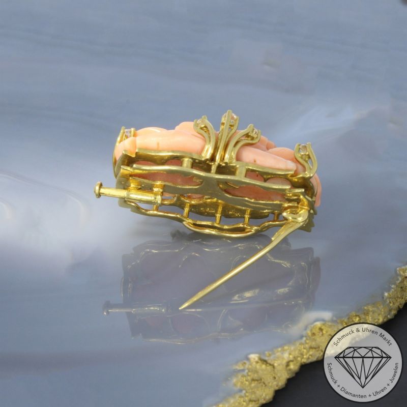 Wert 2490 € Brillant Koralle Brosche Anhänger in 750er 18 K Gelbgold - 101234