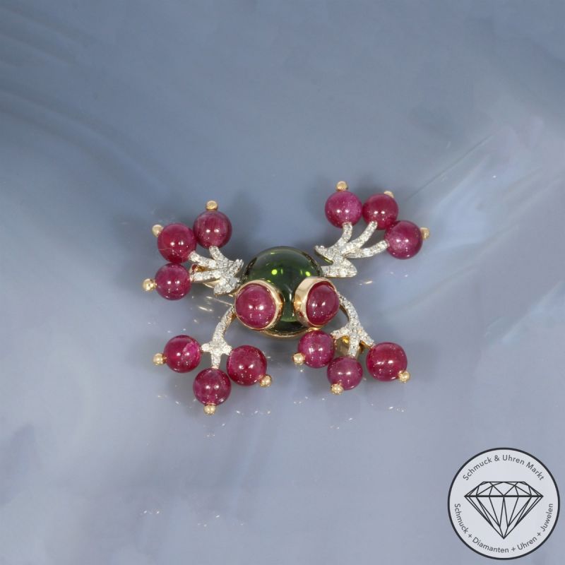 Wert 1950 € Brillant Farbedelstein Brosche in 750er 18 K Roségold - 101424