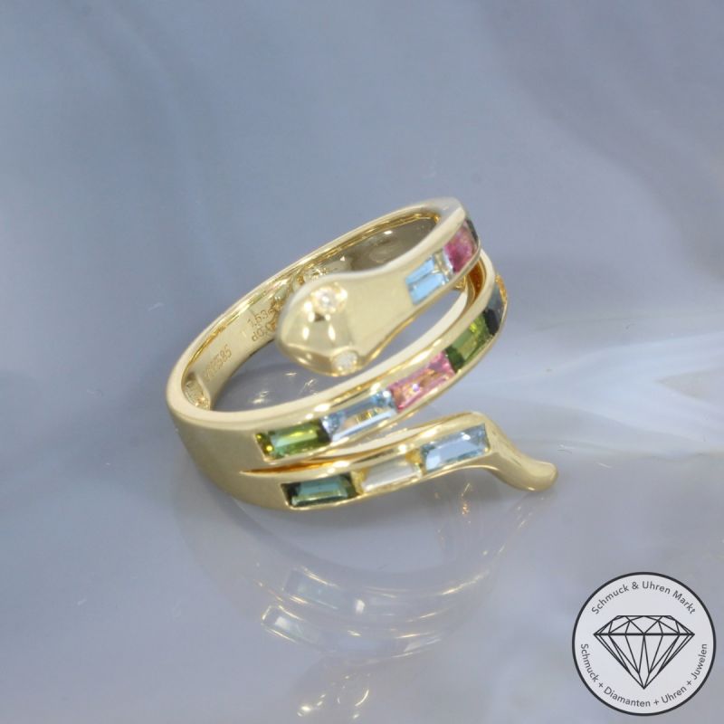 Wert 3090 € Diamant Farbedelstein Ring Schlange in 585er 14 K Gelbgold - 101759