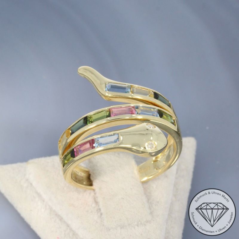 Wert 3090 € Diamant Farbedelstein Ring Schlange in 585er 14 K Gelbgold - 101759