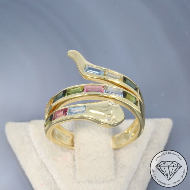 Wert 3090 € Diamant Farbedelstein Ring Schlange in 585er 14 K Gelbgold - 101759