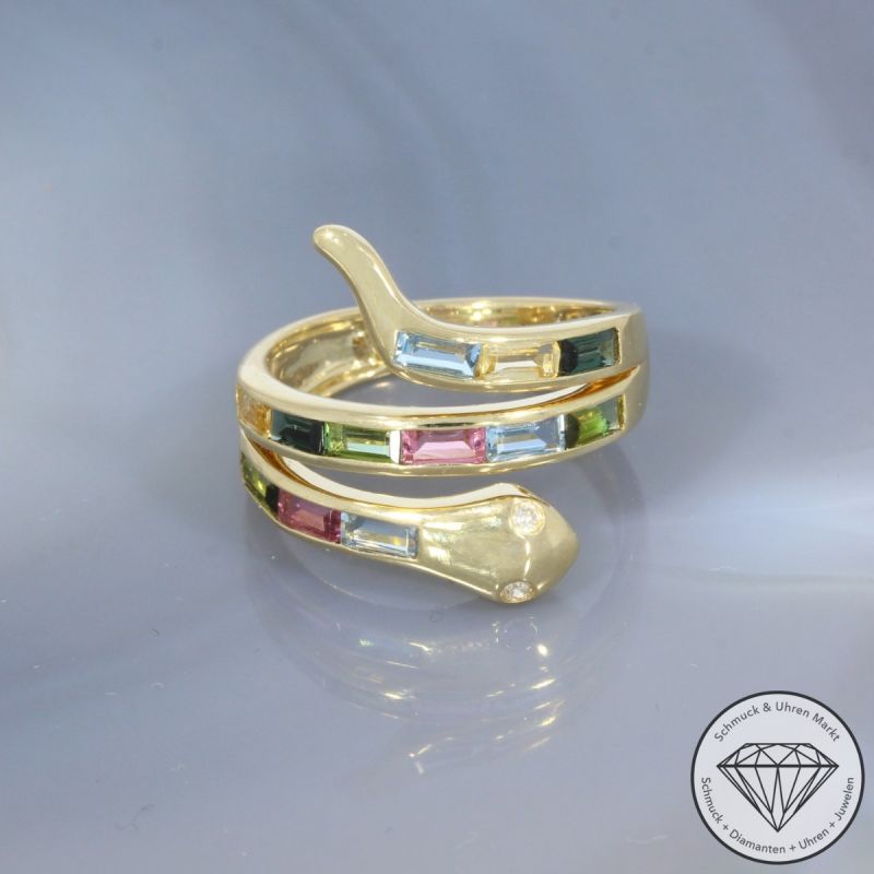 Wert 3090 € Diamant Farbedelstein Ring Schlange in 585er 14 K Gelbgold - 101759