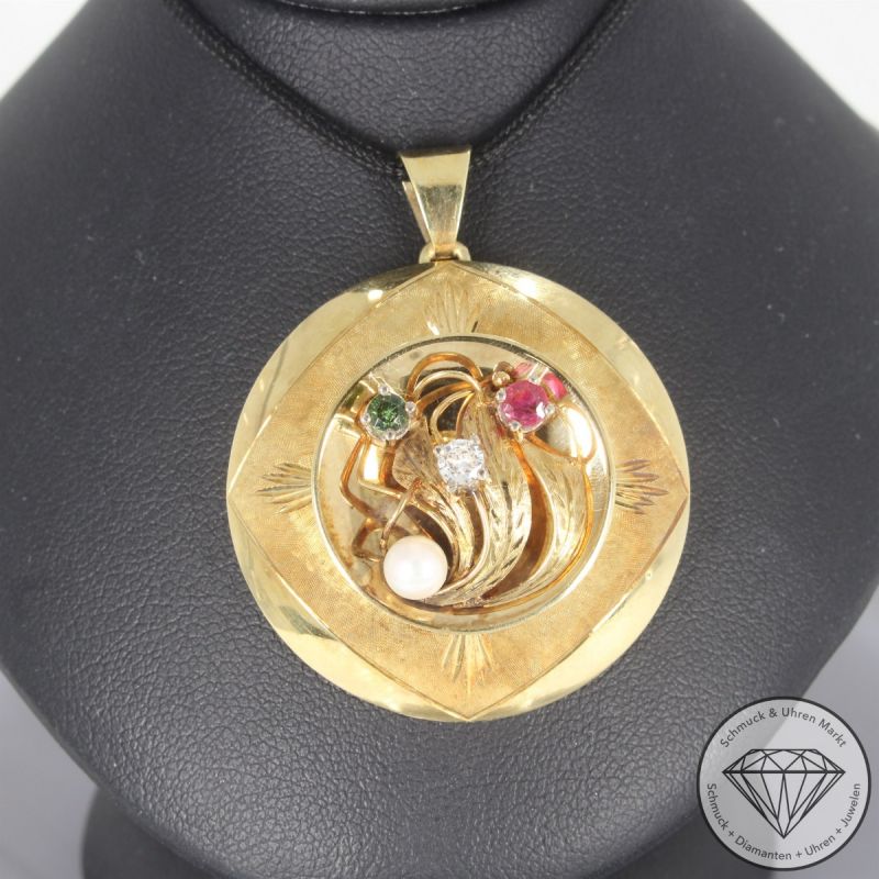 Wert 1950 € Brillant Farbedelstein Perl Anhänger & Brosche in 585er 14 K Gelbgold - 102406