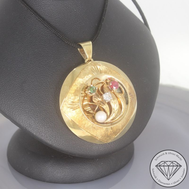 Wert 1950 € Brillant Farbedelstein Perl Anhänger & Brosche in 585er 14 K Gelbgold - 102406
