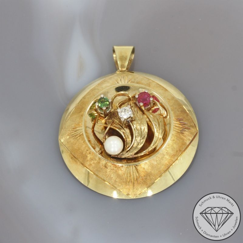 Wert 1950 € Brillant Farbedelstein Perl Anhänger & Brosche in 585er 14 K Gelbgold - 102406