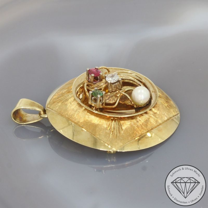 Wert 1950 € Brillant Farbedelstein Perl Anhänger & Brosche in 585er 14 K Gelbgold - 102406