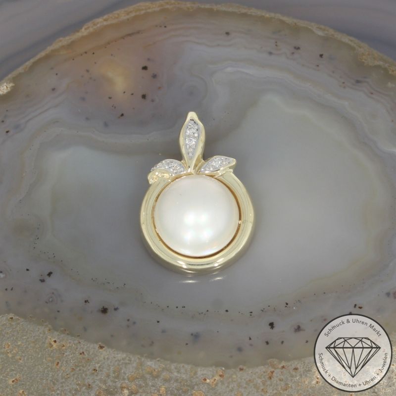 Wert 1490 € Bicolor Brillant Perl Anhänger in 585er 14 K Gold - 102455