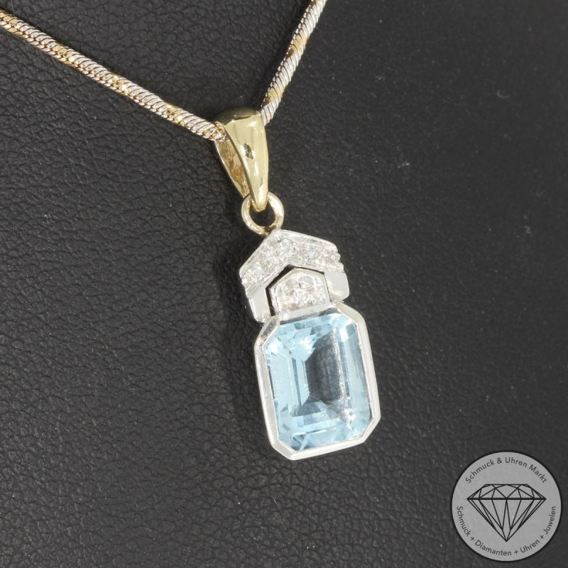 Wert 2590 € Bicolor Brillant Aquamarin Anhänger & Kette in 585er 14 K Gold - 103073