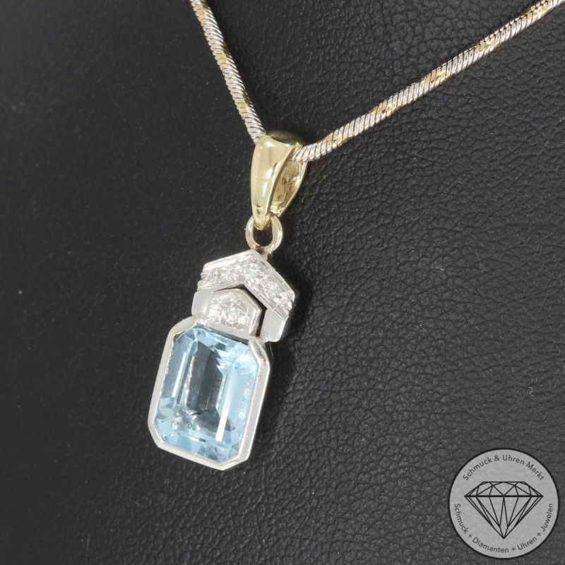 Wert 2590 € Bicolor Brillant Aquamarin Anhänger & Kette in 585er 14 K Gold - 103073