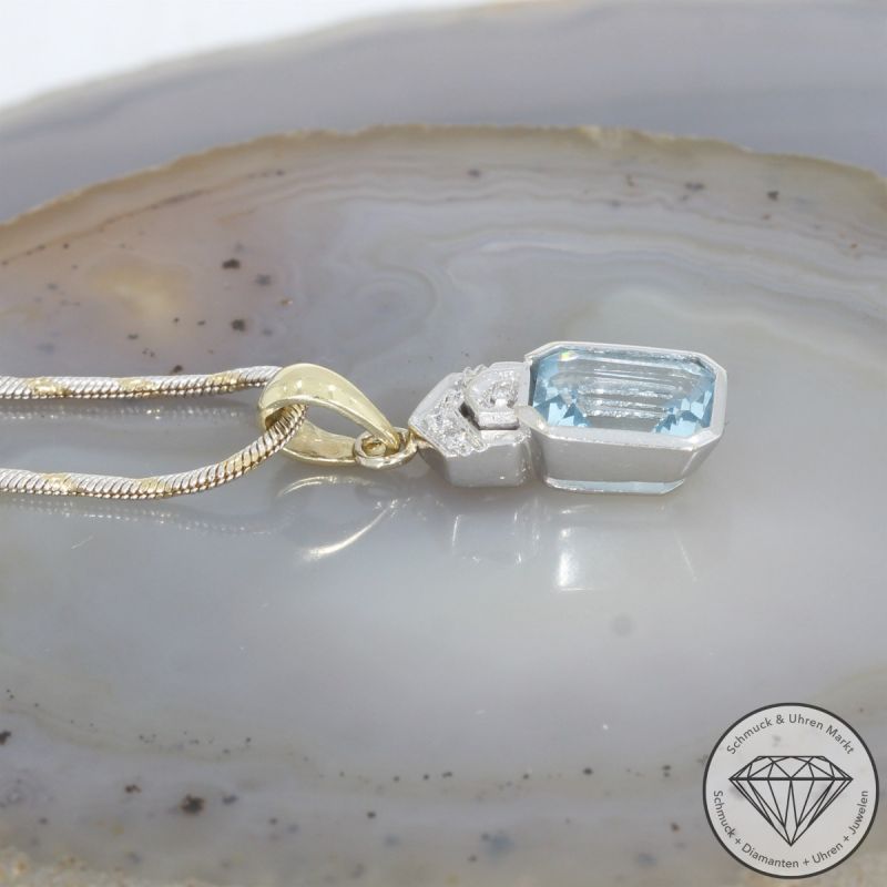 Wert 2590 € Bicolor Brillant Aquamarin Anhänger & Kette in 585er 14 K Gold - 103073