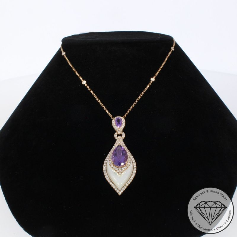 Wert 6450 € Brillant Amethyst Perlmutt Anhänger mit Kette in 750er 18 K Rosegold - 103623