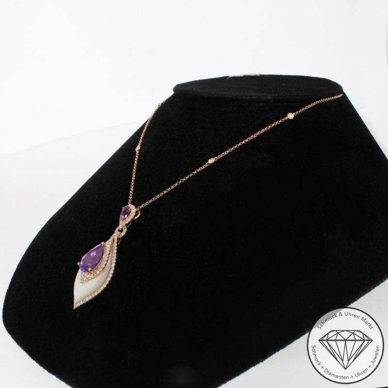 Wert 6450 € Brillant Amethyst Perlmutt Anhänger mit Kette in 750er 18 K Rosegold - 103623