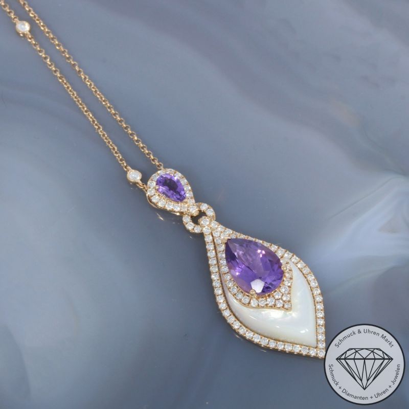 Wert 6450 € Brillant Amethyst Perlmutt Anhänger mit Kette in 750er 18 K Rosegold - 103623