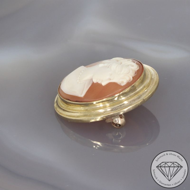 Wert 690 € Muschelkern Gemme Brosche 333er/8 Karat Gelb Gold Länge 3,1 cm – 103727