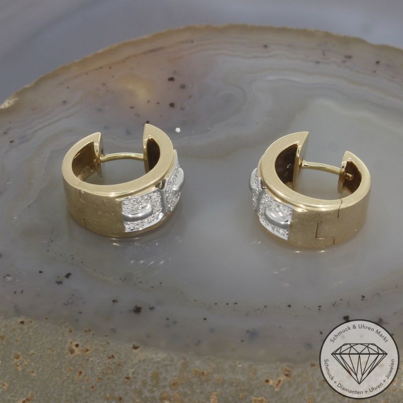 Wert 1690 € Brillant Ohrringe Creolen 585er/14 Karat Gelb und Weiß Gold Länge 1,5 cm – 103835