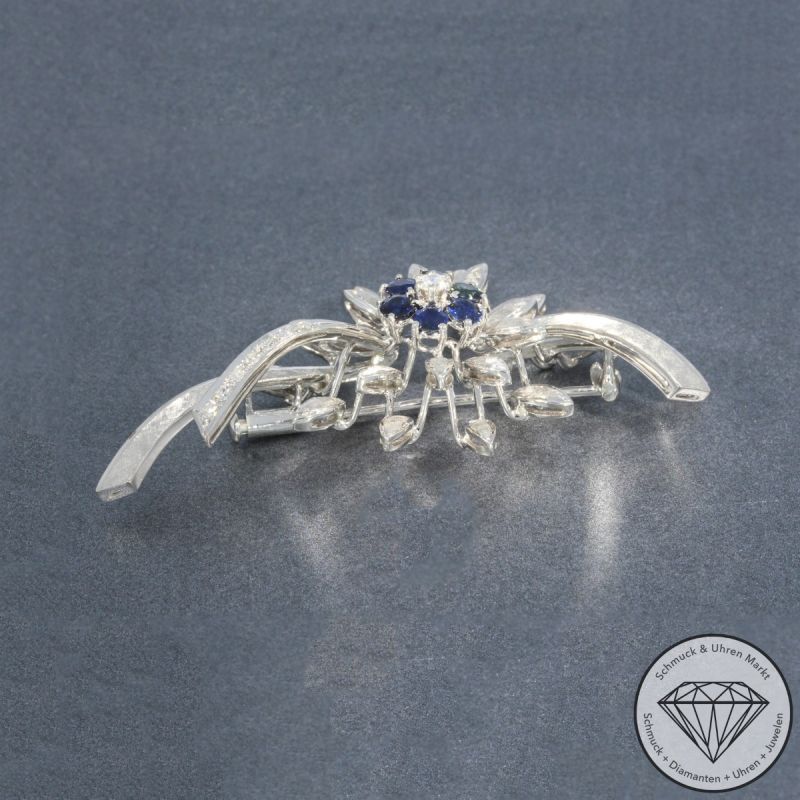 Wert 3850 € Brillant Diamant Saphir Brosche in 750er 18 K Weißgold - 103952
