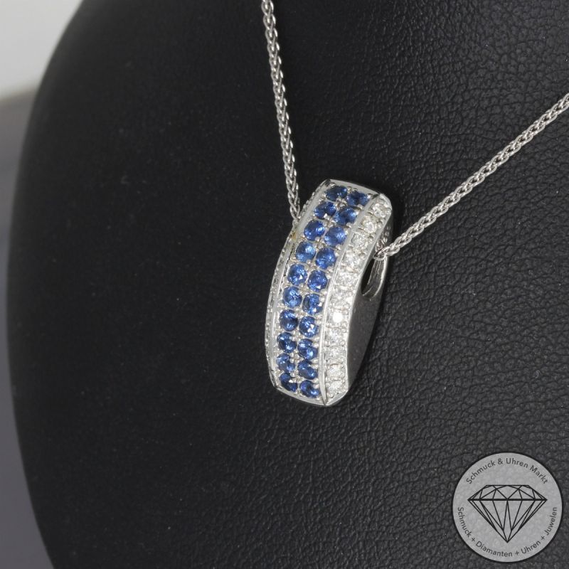 Wert 1700 € Brillant Saphir Anhänger & Kette in 585er 14 K Weißgold - 104055
