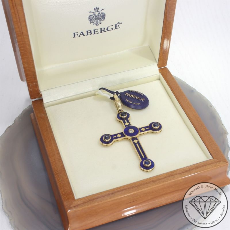 Wert 12390 € FABERGÉ Brillant Saphir Anhänger Kreuz in 750er 18 K Gelbgold - 104088