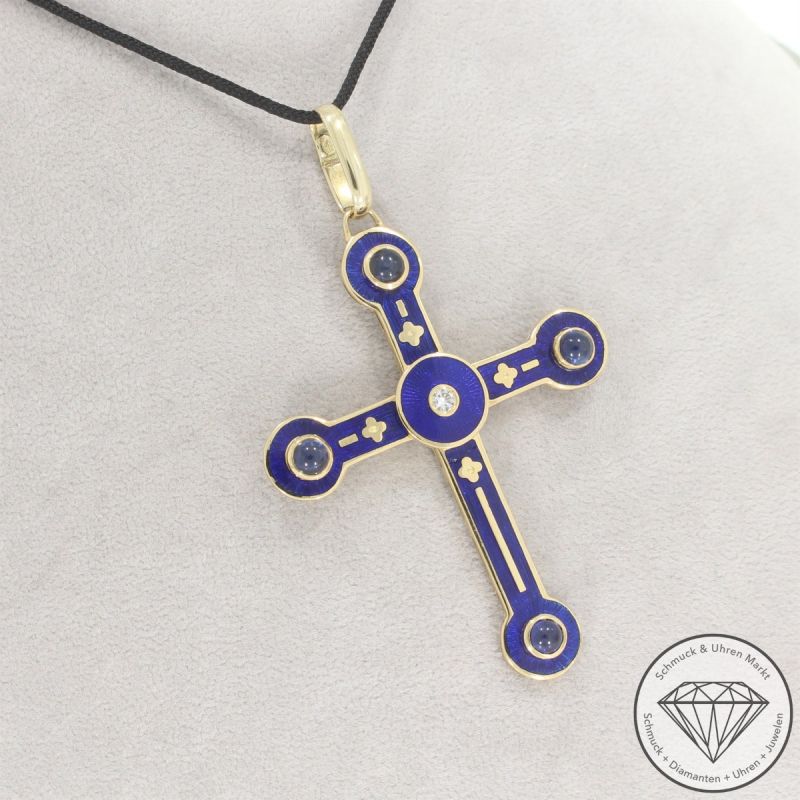 Wert 12390 € FABERGÉ Brillant Saphir Anhänger Kreuz in 750er 18 K Gelbgold - 104088
