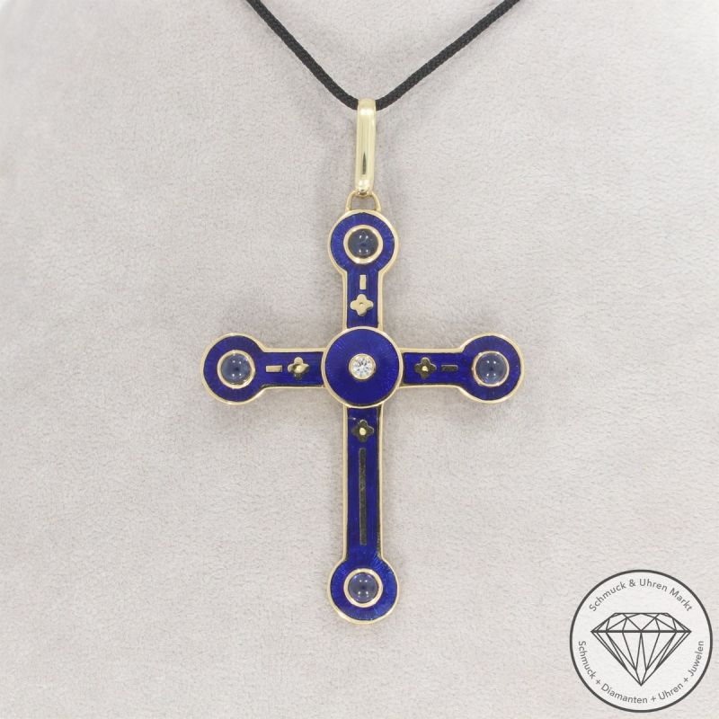 Wert 12390 € FABERGÉ Brillant Saphir Anhänger Kreuz in 750er 18 K Gelbgold - 104088