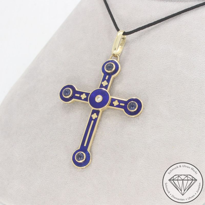 Wert 12390 € FABERGÉ Brillant Saphir Anhänger Kreuz in 750er 18 K Gelbgold - 104088
