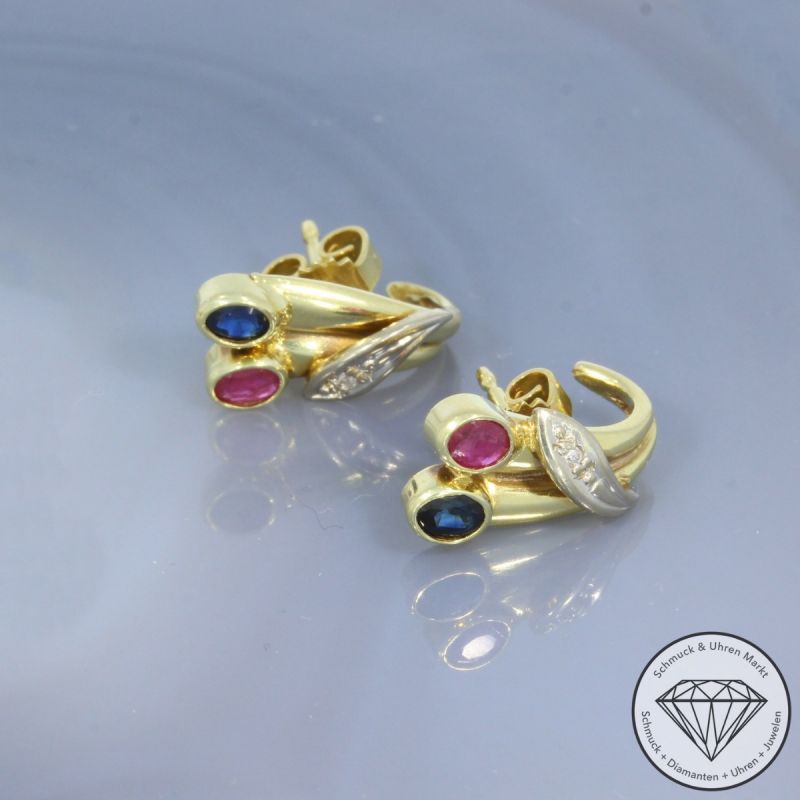 Wert 1150 € Diamant Rubin Saphir Ohrringe 585er/14 Karat Gelb und Weiß Gold Länge 1,6 cm – 104502