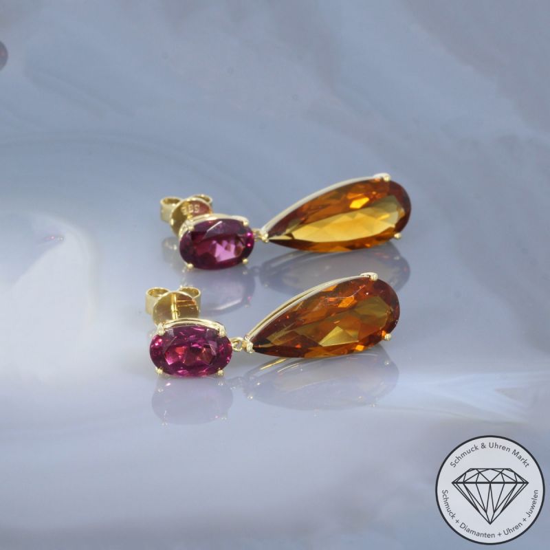 Wert 2850 € Citrin Rhodolith Ohrringe in 585er 14 K Gelbgold - 104630