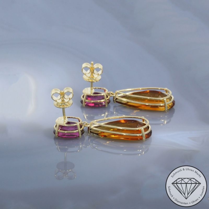 Wert 2850 € Citrin Rhodolith Ohrringe in 585er 14 K Gelbgold - 104630