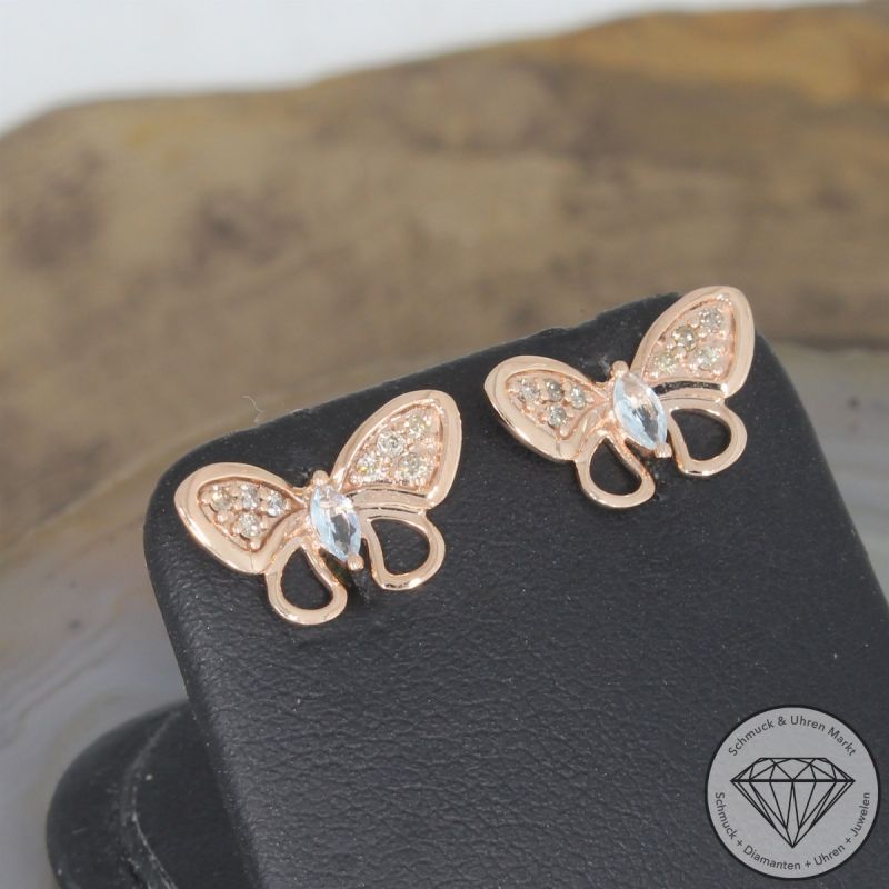 Wert 1450 € Brillant Aquamarin Ohrringe Schmetterling in 585er 14 K Rosegold - 104632