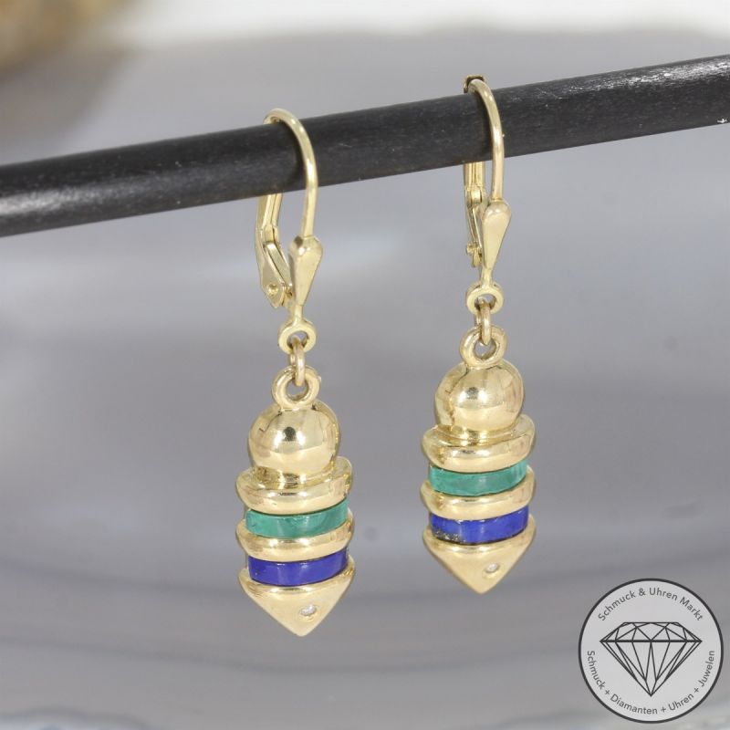 Wert 450 € Diamant Lapislazuli Malachit Ohrringe in 333er 8 K Gelbgold - 104691