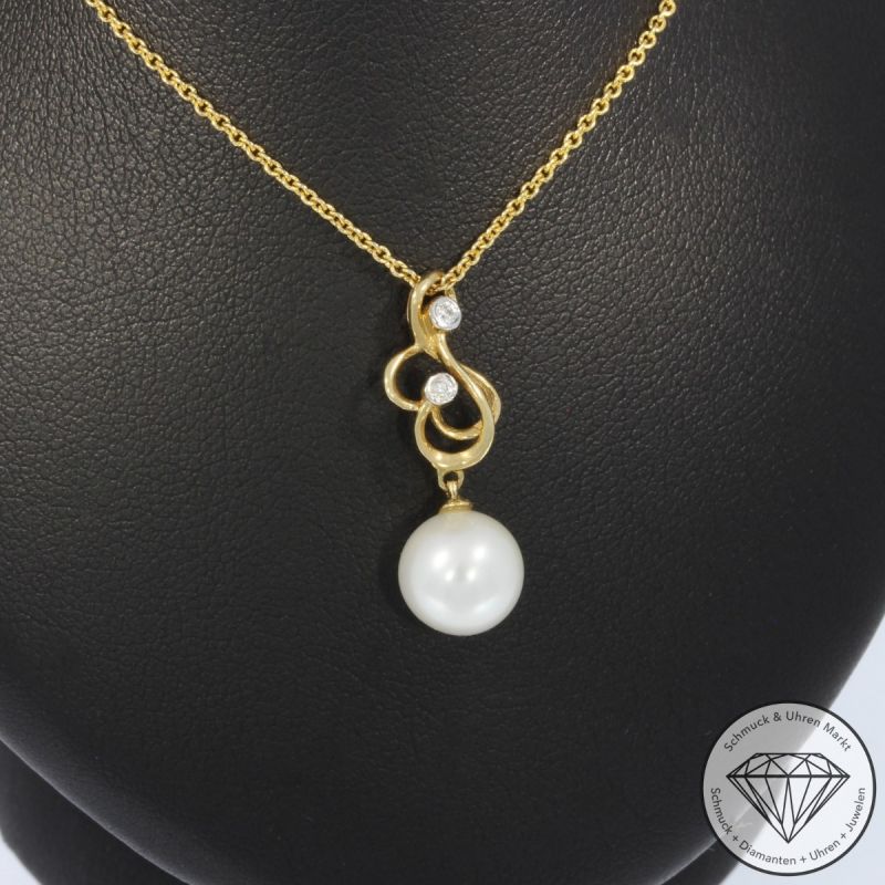Wert 1890 € Brillant Perl Anhänger & Kette in 585er 14 K Gelbgold - H1927