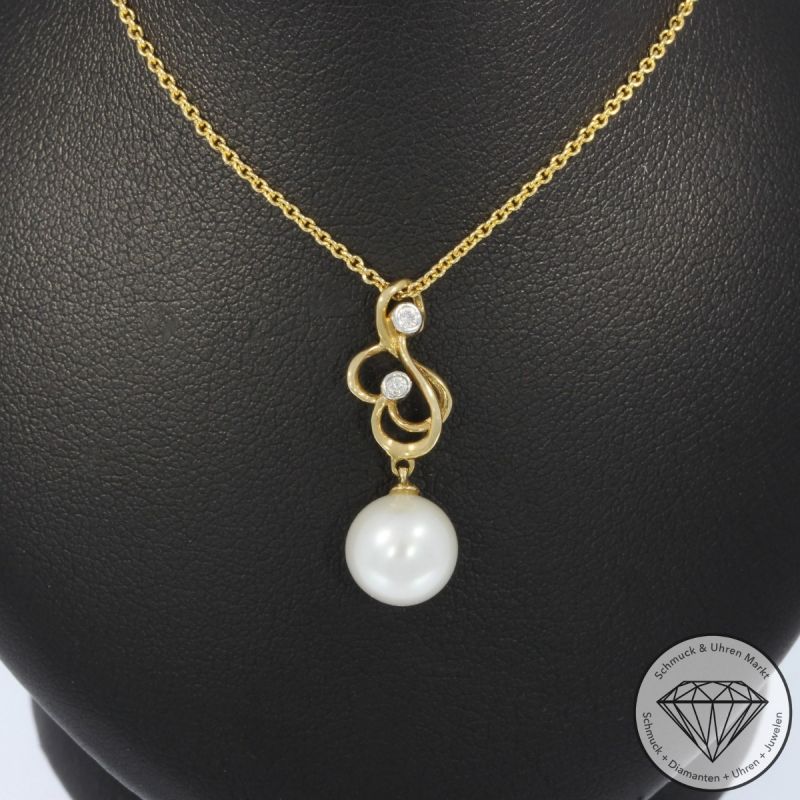Wert 1890 € Brillant Perl Anhänger & Kette in 585er 14 K Gelbgold - H1927