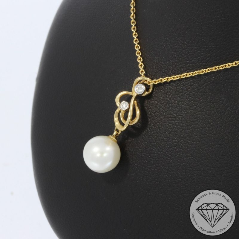 Wert 1890 € Brillant Perl Anhänger & Kette in 585er 14 K Gelbgold - H1927