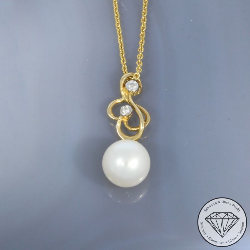 Wert 1890 € Brillant Perl Anhänger & Kette in 585er 14 K Gelbgold - H1927