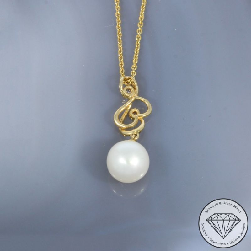 Wert 1890 € Brillant Perl Anhänger & Kette in 585er 14 K Gelbgold - H1927